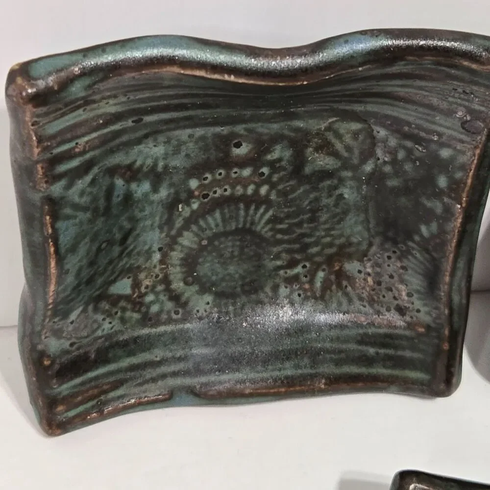 Art Pottery Sauce/ Ring/ Chopstick Holders x4‎ Art Pottery Abstract Green rustic